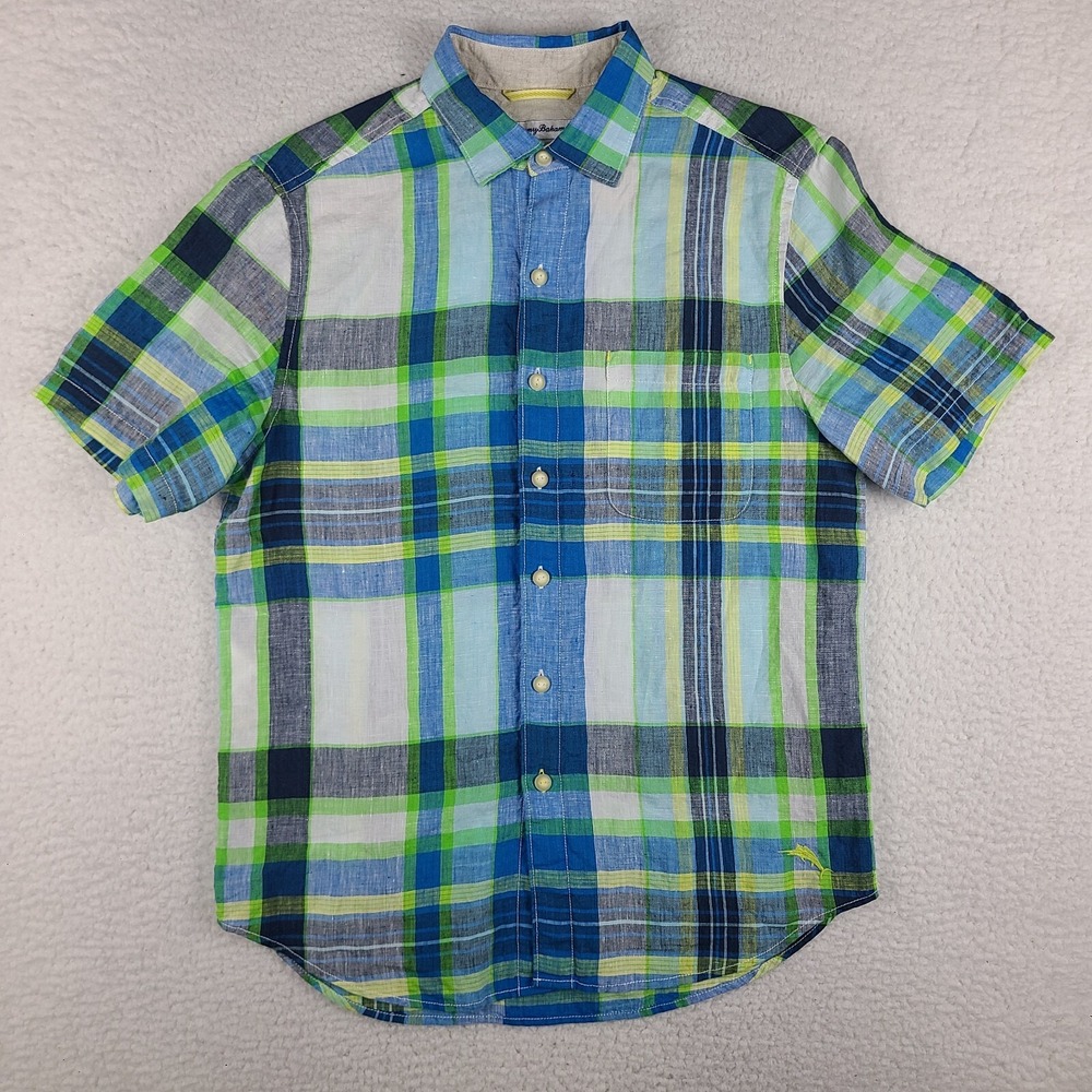 Tommy Bahama Dress Shirt Mens Small Blue Green Plaid Linen Hawaiian Button Up EC